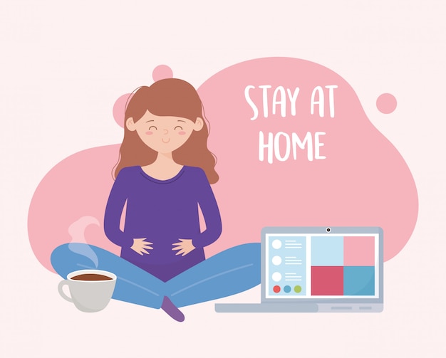 Vector stay at home, pregnant woman online yoga