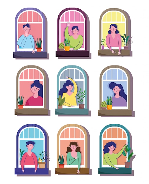 Stay at home quarantine, men and women in windows residential building cartoon   illustration
