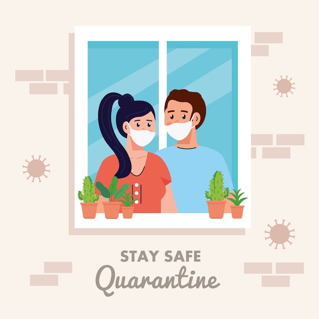 家にいる、隔離または自己分離、窓付きの家の正面およびカップルが家の外を見て、安全な検疫の概念を維持します。