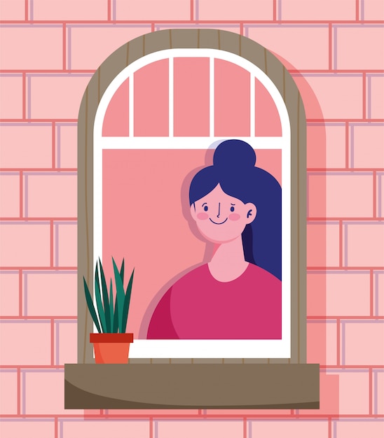 Vector stay home quarantine, woman looking at the window with plant in pot, facade of the brick building   illustration