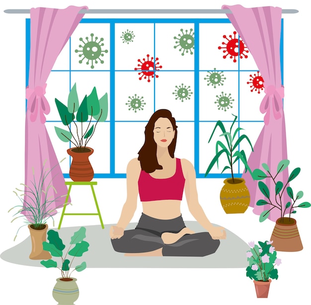 家にいる窓際の家にいる自己隔離ヨガの女の子女性のヨガの練習家の瞑想