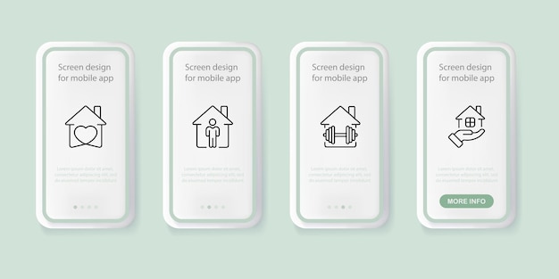 Stay at home set icon self isolation period quarantine house heart sick sport dumbbell barbell hand private property infection home concept ui phone app screens vector line icon