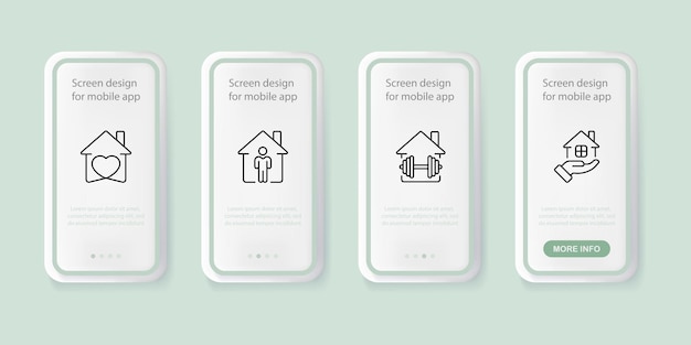 Stay at home set icon Self isolation period quarantine house heart sick sport dumbbell barbell hand private property infection Home concept UI phone app screens Vector line icon