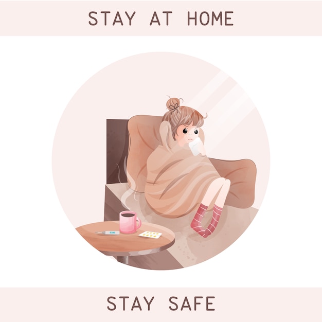 Stay at home; Stay safe for stop coronavirus concept character watercolor style.