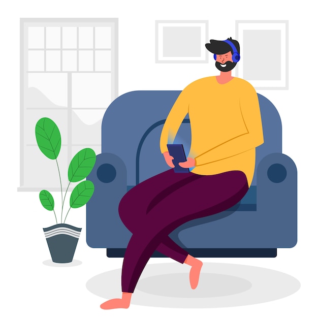 Vector stay home stay safe young man flat character illustration