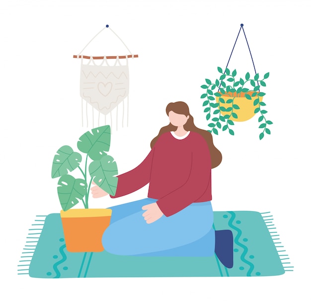 Vector stay at home, woman with potted plants gardening