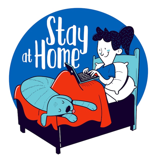 Vector stay at home. woman works with her laptop from bed