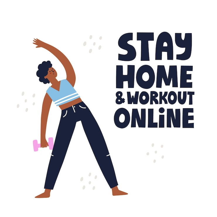Vector stay home and workout online quote. woman doing exercises at home. online workout concept. hand drawn vector lettering and illustration.