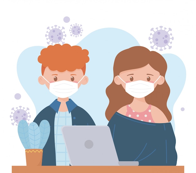 Stay at home, young couple medical mask working with laptop