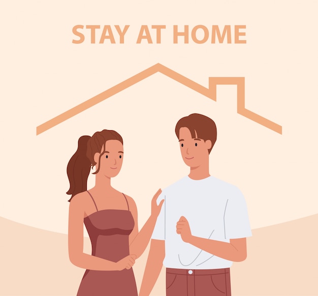 Stay home. young couple smiling and staying together. concept for controlling the disease in 2019-ncov.  illustration in a flat style