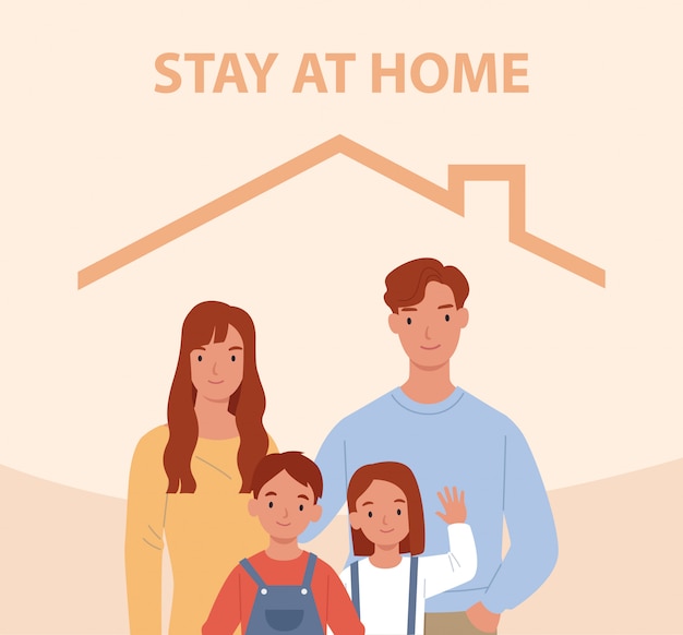 Vettore stare a casa. la giovane famiglia con due bambini resta a casa. persone felici dentro casa. illustrazione in uno stile piatto