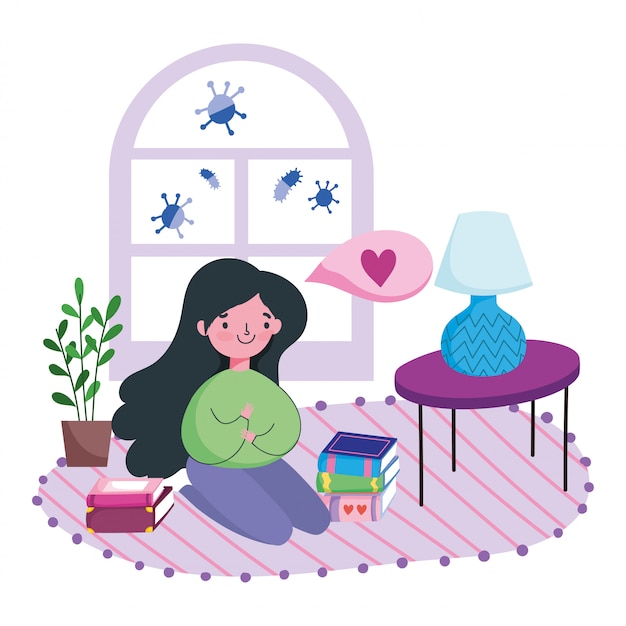 Vector stay at home, young woman with books in floor living room cartoon