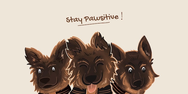 Stay Positive banner with cute german sheperd dog illustration in hand draw style