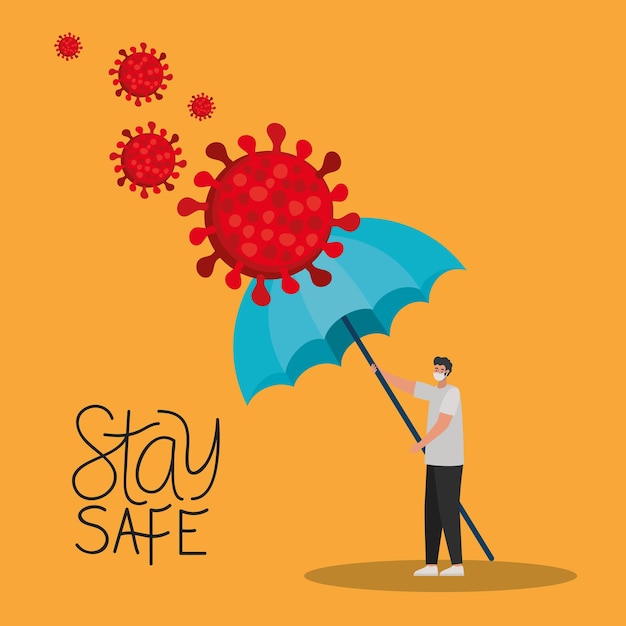 Stay safe lettering and man with one safety mask, red particles and one umbrella on a yellow illustration design