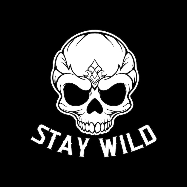 Stay wild cranio arte nero e bianco disegnato a mano illustrazione vettoriale