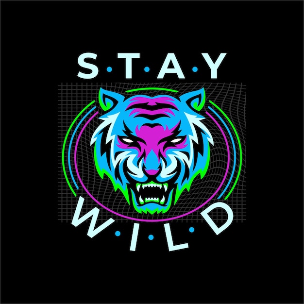 Vector stay wild typography bright colors with tiger illustration premium vector