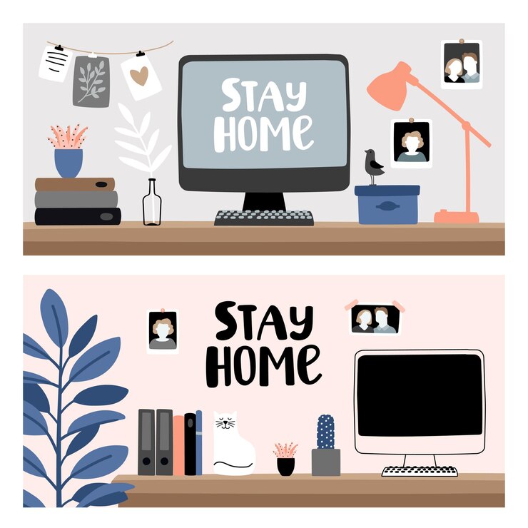 Vector stay and work at home. computer desk with laptop for home office
