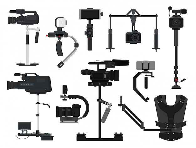 Vettore insieme professionale dello stabilizzatore dell'attrezzatura del film della macchina fotografica digitale della video videocamera digitale di vettore di steadicam di produzione di tecnologia di film del videografo del fotografo isolata