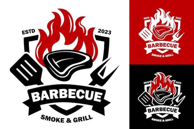 Vector steak barbecue steakhouse bbq grill bar meat gourmet restaurant emblem logo template label design