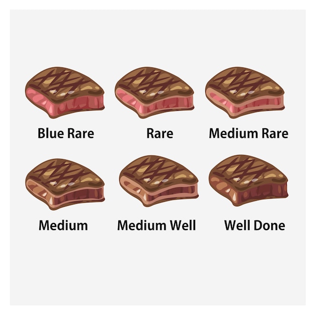 Vector steak doneness illustration set.  blue rare, rare, medium rare, medium, medium well and well done.