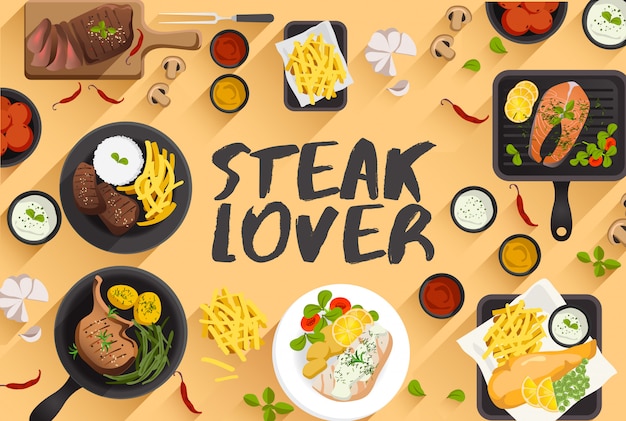 Steak  food illustration in top view  vector illustration