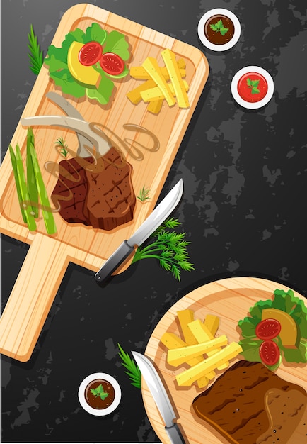 Vector steak and fries on wooden board