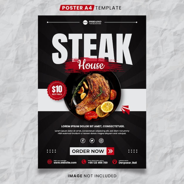 스테이크 하우스 음식 및 레스토랑 포스터 A4 템플릿 인쇄 준비