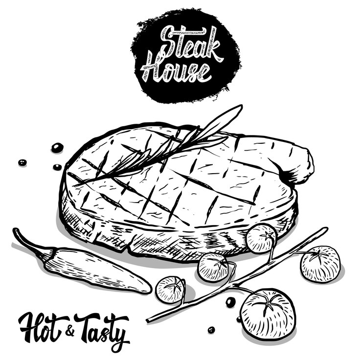 Vector steak house. hand drawn beef steak with rosmarine, cherry tomatoes, pepper.  elements for menu, poster.  illustration