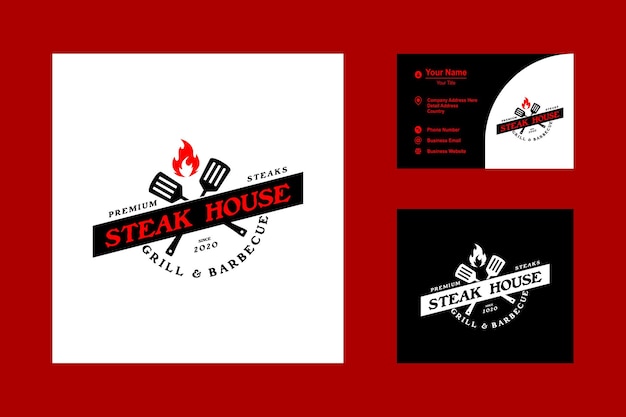 Steak House Logo pictogram met gekruiste barbecue spatel en vlam Vintage Design vectorillustratie