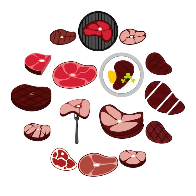 Vector steak icons set, flat style