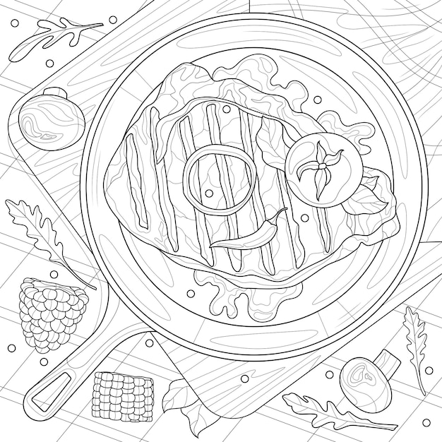 야채와 함께 냄비에 스테이크 흰색 배경에 고립 된 어린이와 성인을위한 FoodColoring 책 안티 스트레스Zentangle 스타일 손 그리기