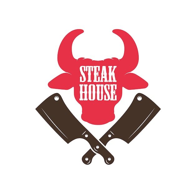 Steak-restaurant. bull hoofd silhouet en gekruiste vlees hakmessen.