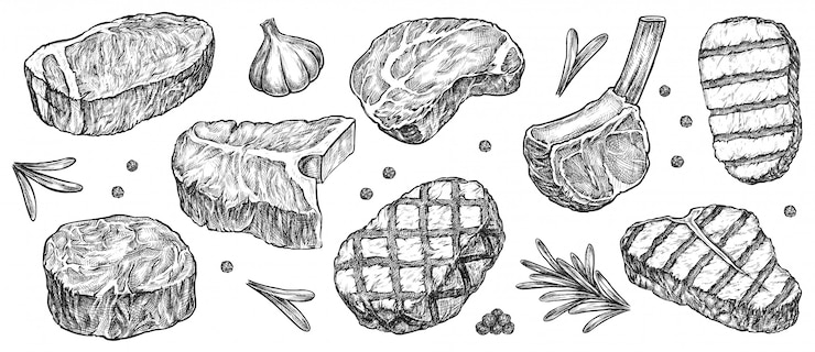 Vector steak sketch. hand drawn beef, lamb and pork steak extra or medium rare with garlic, greenery and pepper spice
