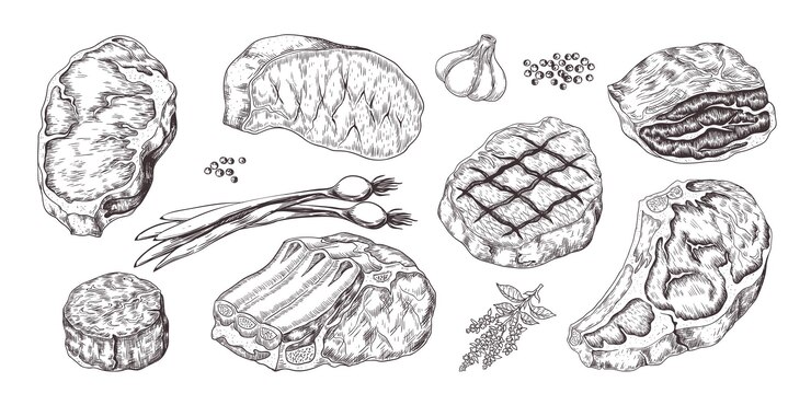 Vector steak. vintage sketch with beef and pork chops ribs and fillet, butchery food products with garlic and pepper. hand drawn fillet meat set with onion, garlic, pepper