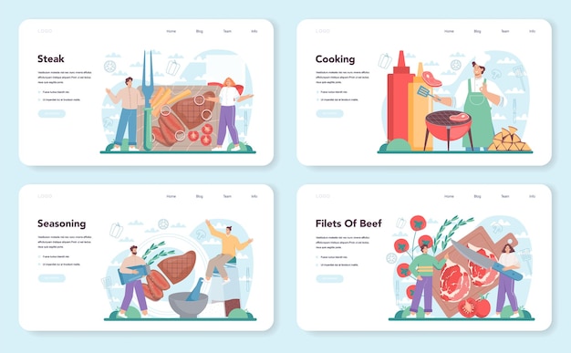 Steak web banner or landing page set. People cooking tasty grilled meat on the plate. Delicious barbecue beef. Roasted restaurant meal. Isolated vector illustration in cartoon style