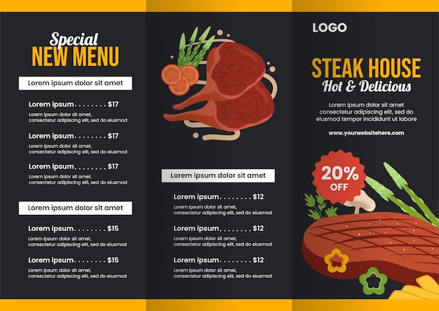 Vettore steakhouse brochure flat cartoon template disegnati a mano illustrazione di sfondo