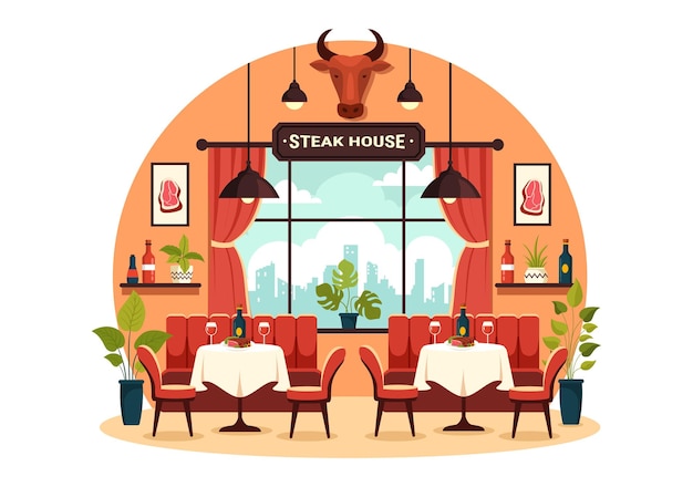 Vector steakhouse-illustratie met een restaurant dat sappig gegrild vlees voor de barbecue serveert