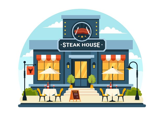 Vector steakhouse-illustratie met een restaurant dat sappig gegrild vlees voor de barbecue serveert