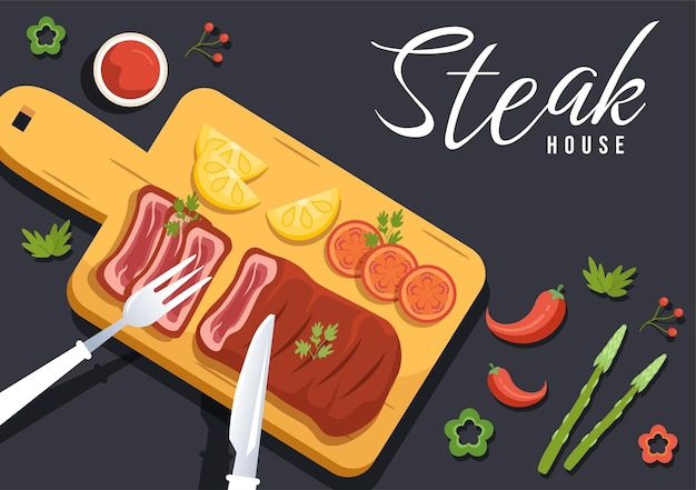 Vector steakhouse illustration of grilled meat with juicy delicious steak salad and tomatoes for barbecue