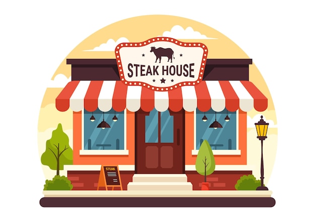 Иллюстрация стейкхауса с рестораном, который предлагает сочное мясо на гриле для барбекю