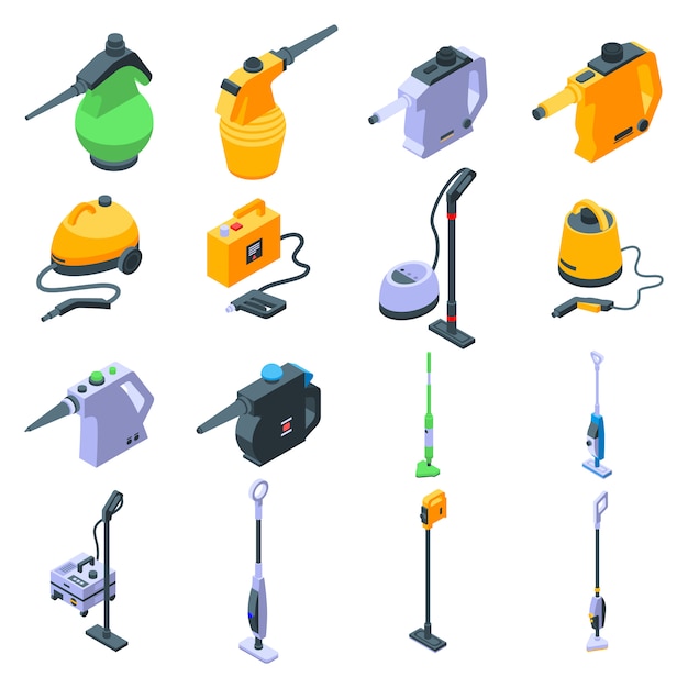 Vector steam cleaner icons set, isometric style