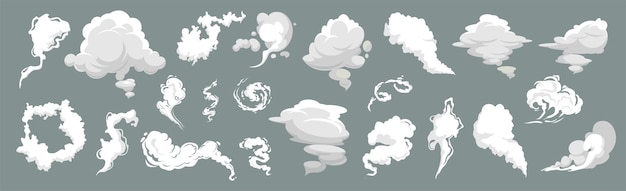 Вектор Паровые облака мультфильм пыль запах дыма vfx взрыв паровая буря набор иллюстраций дыма