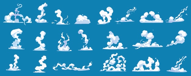 Vector steam clouds mega set in cartoon graphic design bundle elements of white smoke motions with fluffy trails cloudy vapour shape and wind speed comic effects vector illustration isolated objects