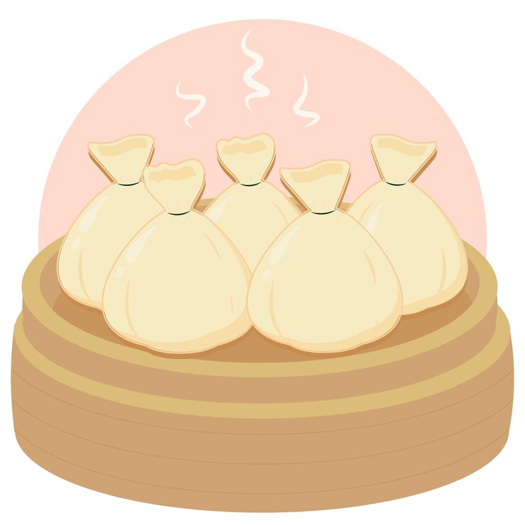 Vector steam dim sum in a bamboo steamer. hand drawn chinese food illustration
