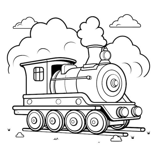 Vector steam locomotive in the clouds coloring book for kids