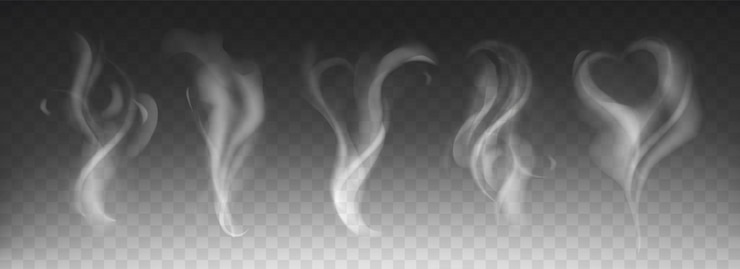 Vector steam smoke realistic set with heart and swirl shape on dark transparent background. white fume waves of hot drink, coffee, cigarettes, tea or food. mockup of flow mist swirls. fog effect concept.