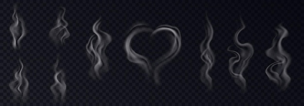 Vector steam smoke realistic set with heart and swirl shaped white vapor on black transparent background isolated. steam effect collection. 3d vector illustration