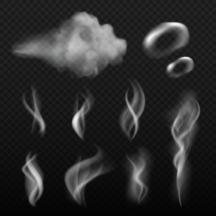 Vector steam and smoke. vape shapes hot kitchen smell realistic pictures