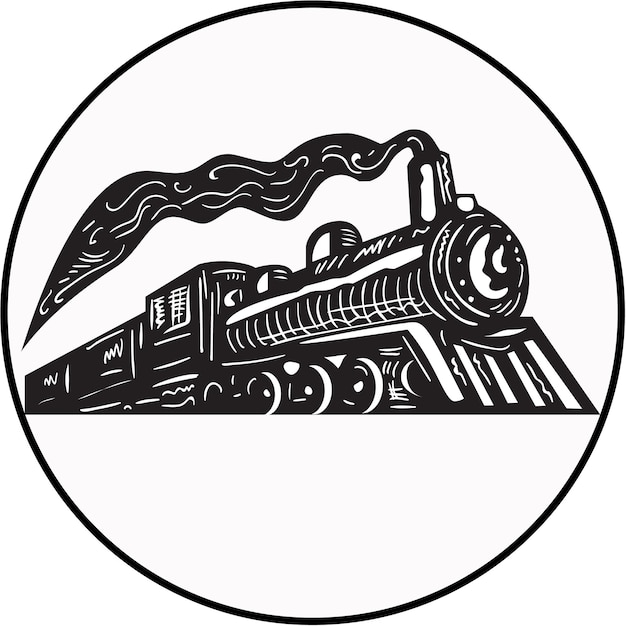 Vector steam train locomotive coming up circle woodcut