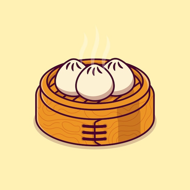 Steamed dimsum or dumplings in a bamboo steamer basket isolated cartoon vector